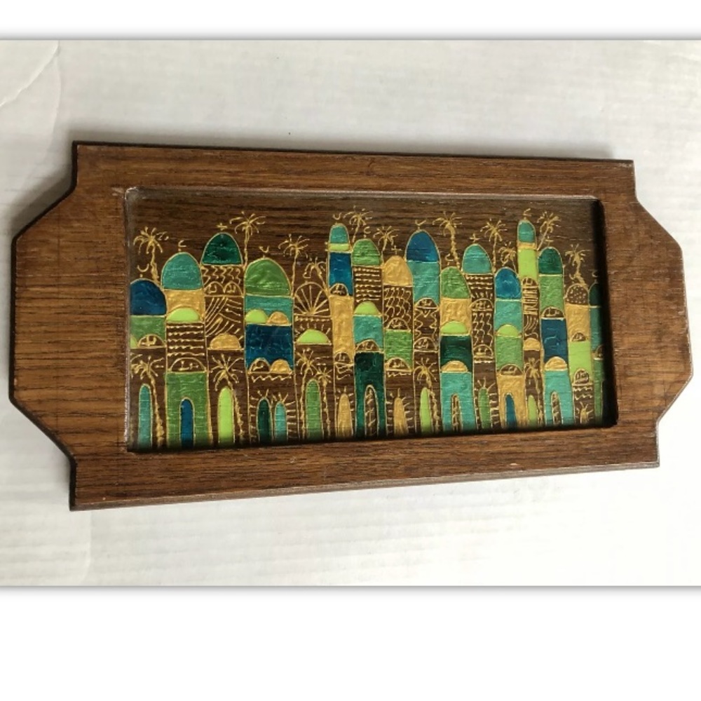 Glass Wood Tray Hand Painted JORDAN - Armenian Hagop Kokozian City Chuch Mosques - Picture 4 of 9